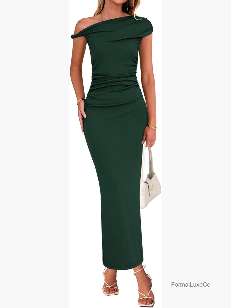 One Shoulder Twist Strap Ruched Bodycon Maxi Dress Sleeveless Pull On Slim Fit